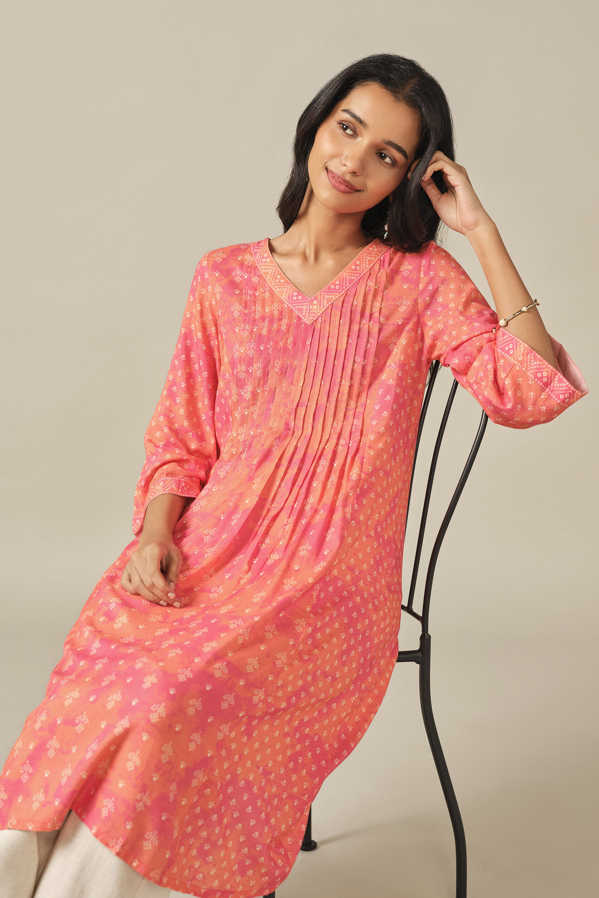 Printed A-line Kurta in Orange, Orange, image 3